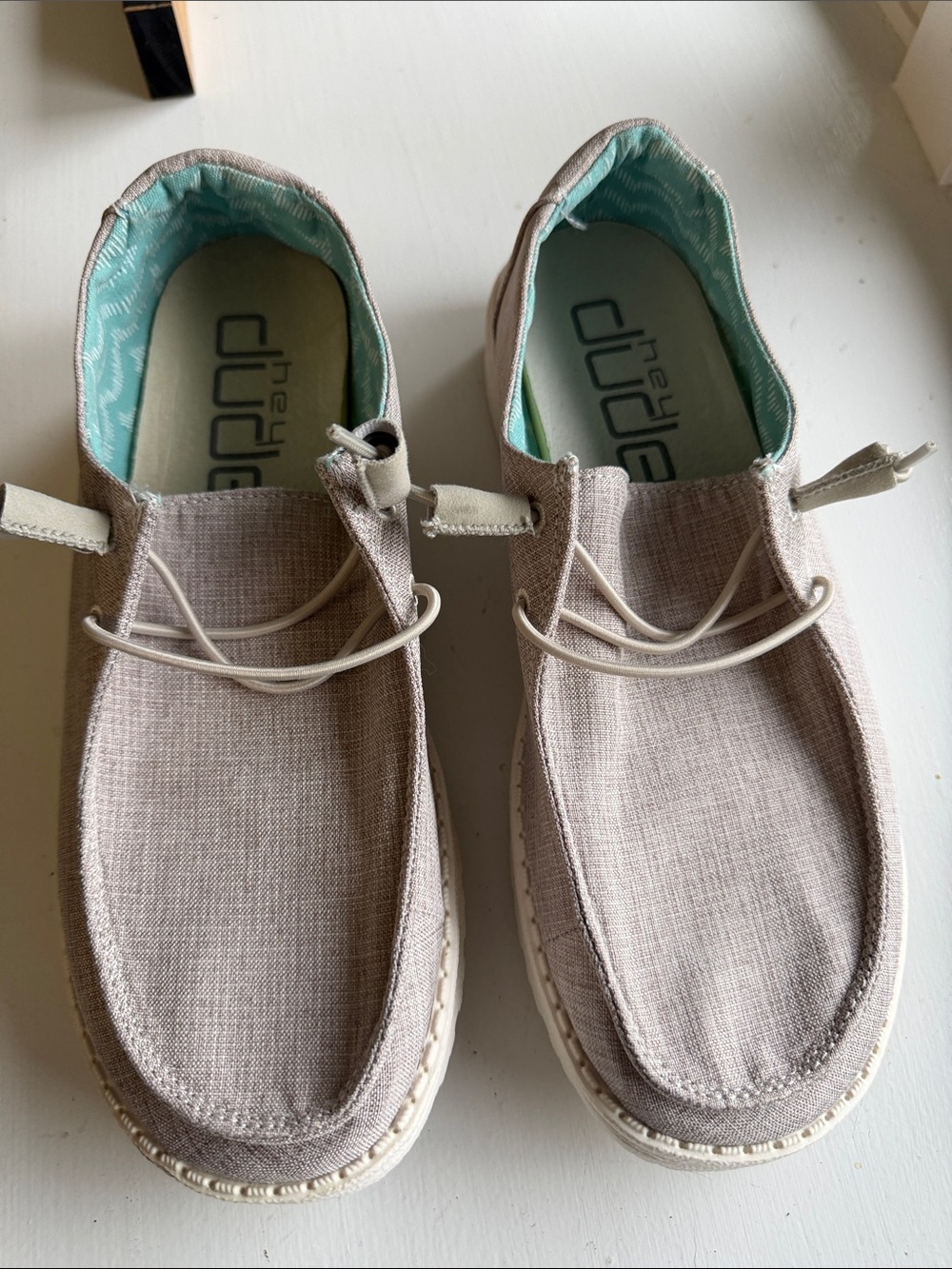 Hey Dude Men’s Casual Linen Slip-On Loafers - Light Beige with Teal Lining
